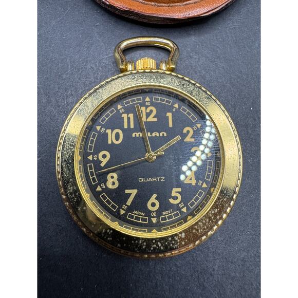 Vtg Milan Men’s Quartz Pocket Watch Black Dial w/ Leather Case 41.6mm MLN1070 - Picture 3 of 11